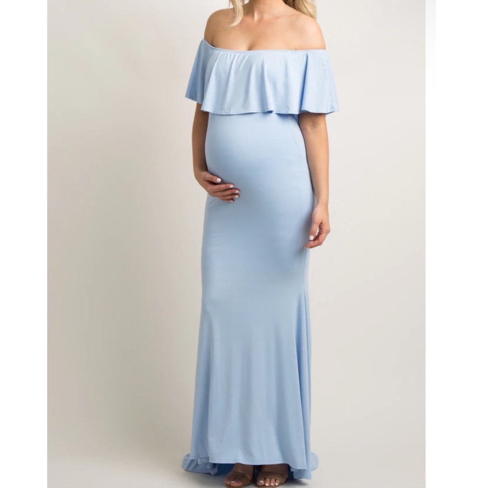 Light Blue Ruffle Off Shoulder Mermaid Maternity Photoshoot Gown/Dress